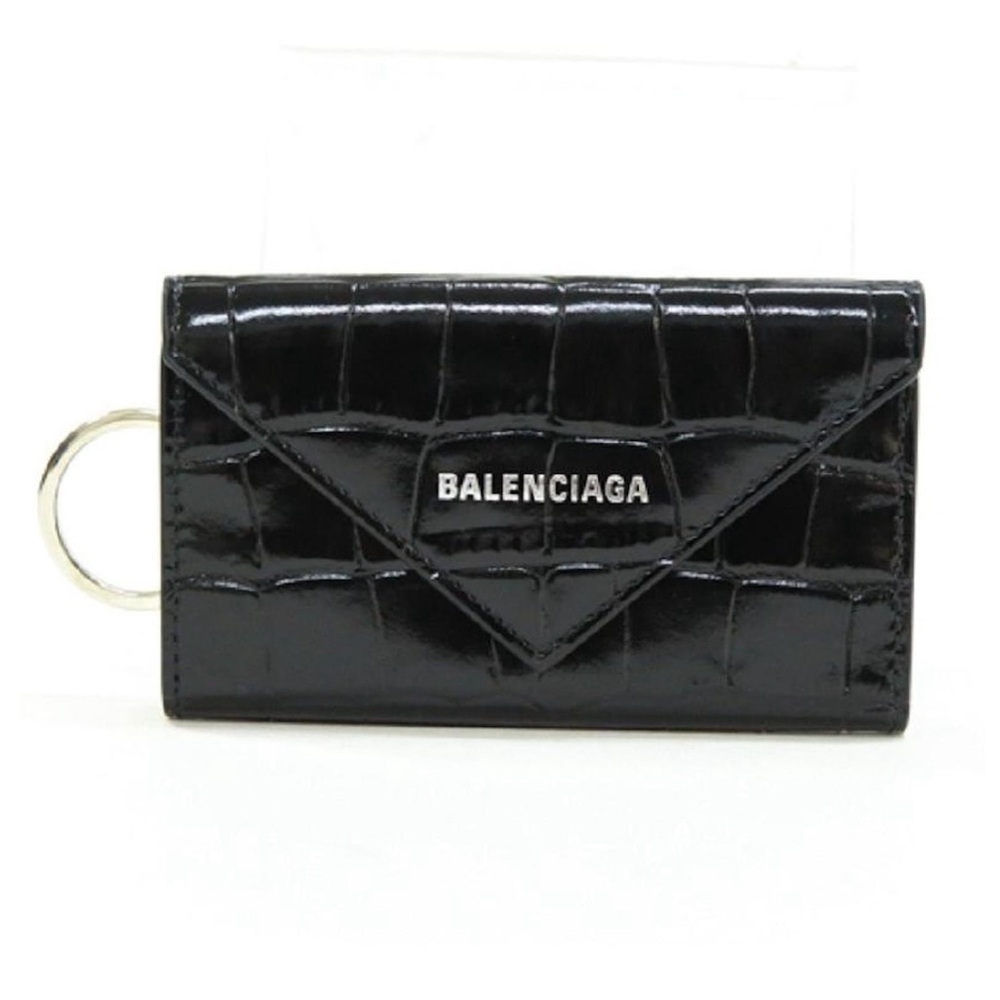 BALENCIAGA / Balenciaga key case 6 row crocodile embossed leather key ring Black